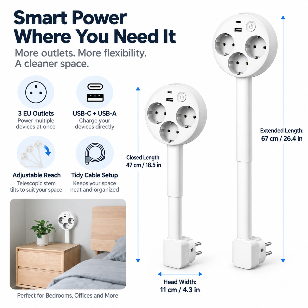 Extendable Outlet Smart Power Strip Adjustable Design