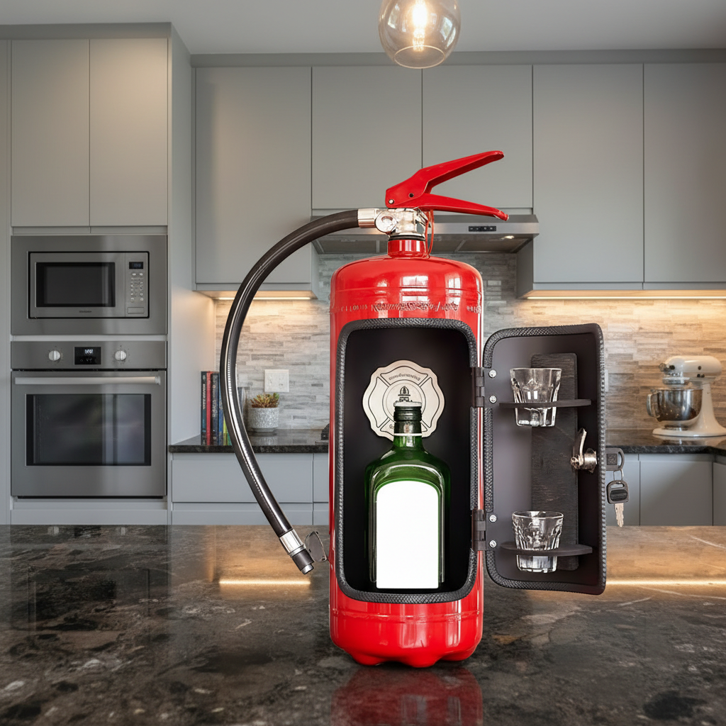 Mini Bar Industrial Artesanal de Metal em Formato de Extintor de Incêndio