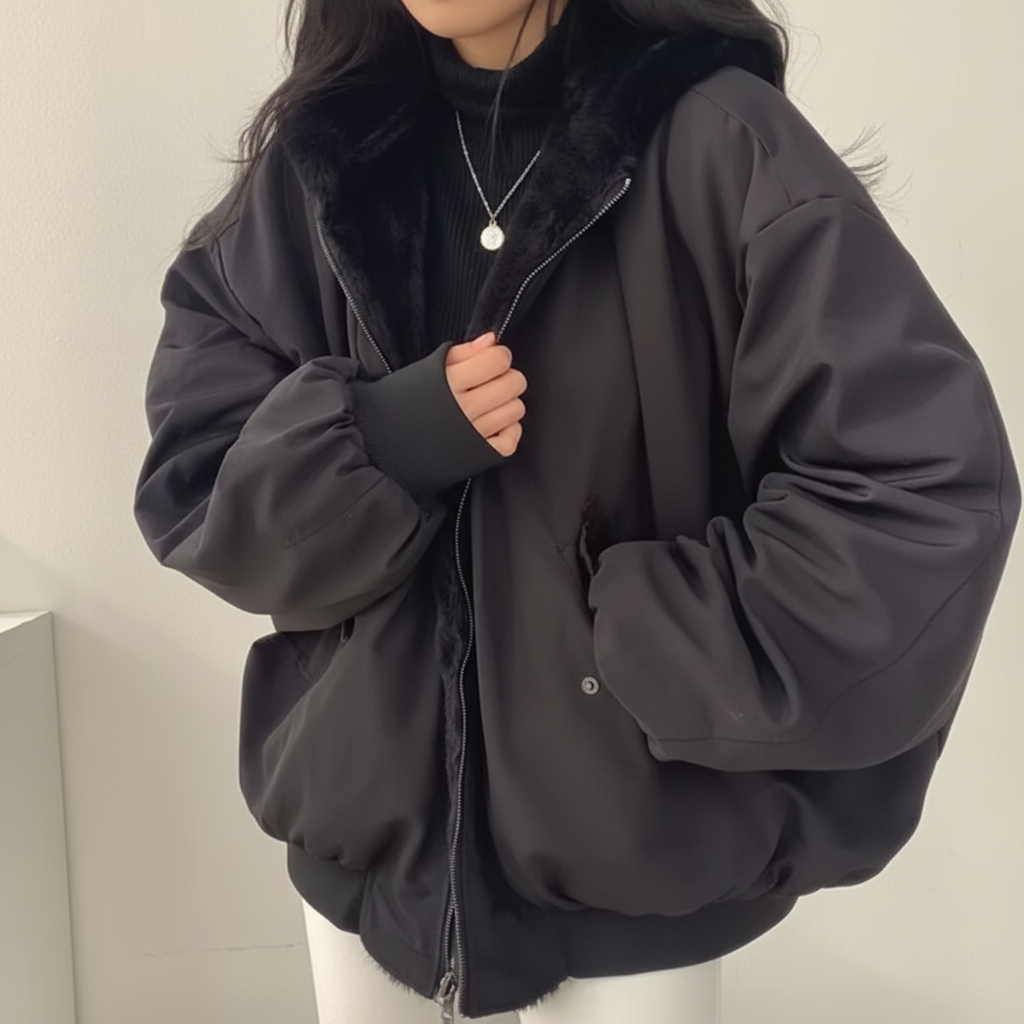 Jaqueta de Inverno Feminina com Forro de Pele Sintética, Zíper e Estilo Casual