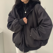 Jaqueta de Inverno Feminina com Forro de Pele Sintética, Zíper e Estilo Casual