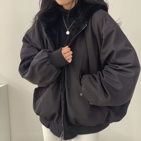 Jaqueta de Inverno Feminina com Forro de Pele Sintética, Zíper e Estilo Casual