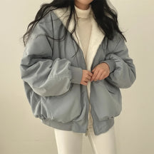 Jaqueta de Inverno Feminina com Forro de Pele Sintética, Zíper e Estilo Casual
