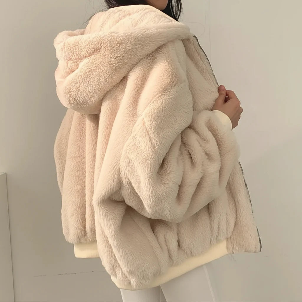 Jaqueta de Inverno Feminina com Forro de Pele Sintética, Zíper e Estilo Casual