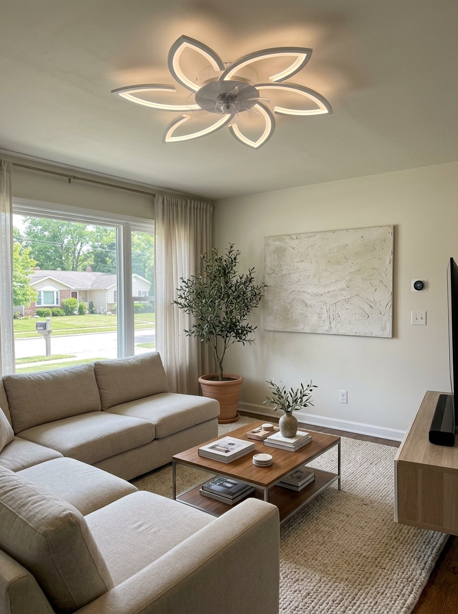 Lotus flower fandelier ceiling fan with low profile LED light