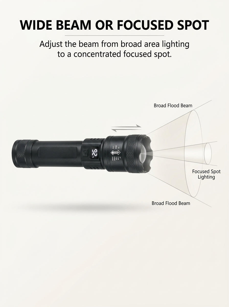 Rechargeable LED flashlight with adjustable zoom and USB-C charging