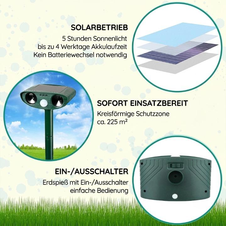 Repelente de Animais Ultrassônico Solar – Sensor PIR de 110°, IP44 e Frequência de 13-40kHz