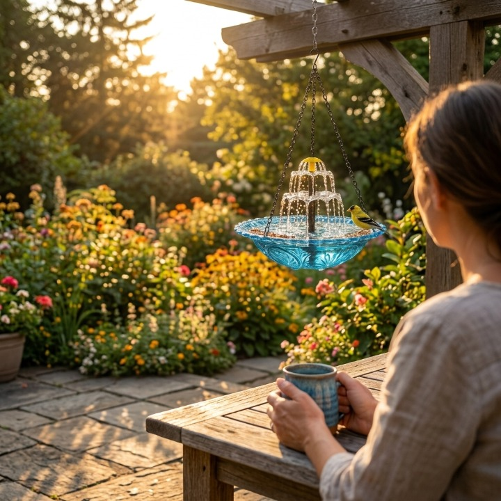 Fonte de Água Solar para Pássaros – Cascata de Jardim de Dois Níveis e Sem Necessidade de Energia