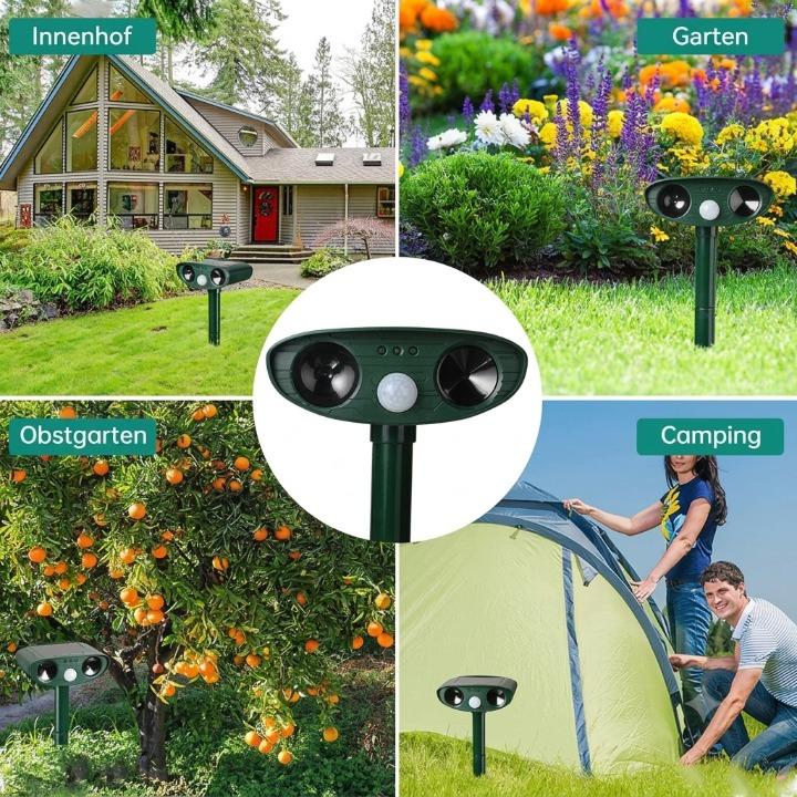 Repelente de Animais Ultrassônico Solar – Sensor PIR de 110°, IP44 e Frequência de 13-40kHz