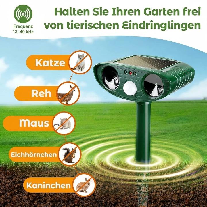 Repelente de Animais Ultrassônico Solar – Sensor PIR de 110°, IP44 e Frequência de 13-40kHz