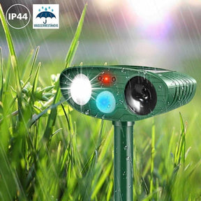 Repelente de Animais Ultrassônico Solar – Sensor PIR de 110°, IP44 e Frequência de 13-40kHz