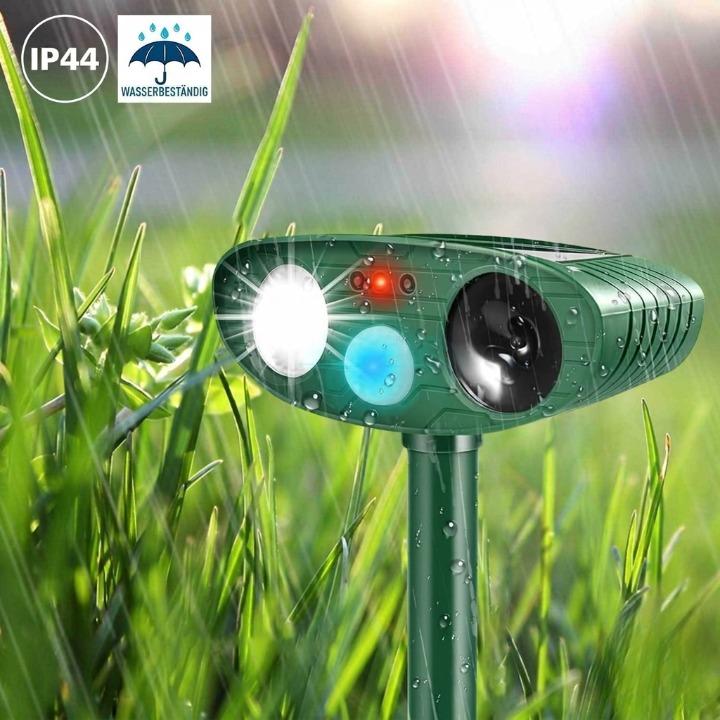 Repelente de Animais Ultrassônico Solar – Sensor PIR de 110°, IP44 e Frequência de 13-40kHz