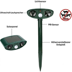 Repelente de Animais Ultrassônico Solar – Sensor PIR de 110°, IP44 e Frequência de 13-40kHz