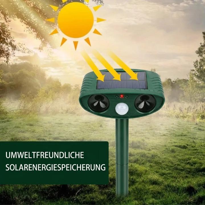 Repelente de Animais Ultrassônico Solar – Sensor PIR de 110°, IP44 e Frequência de 13-40kHz