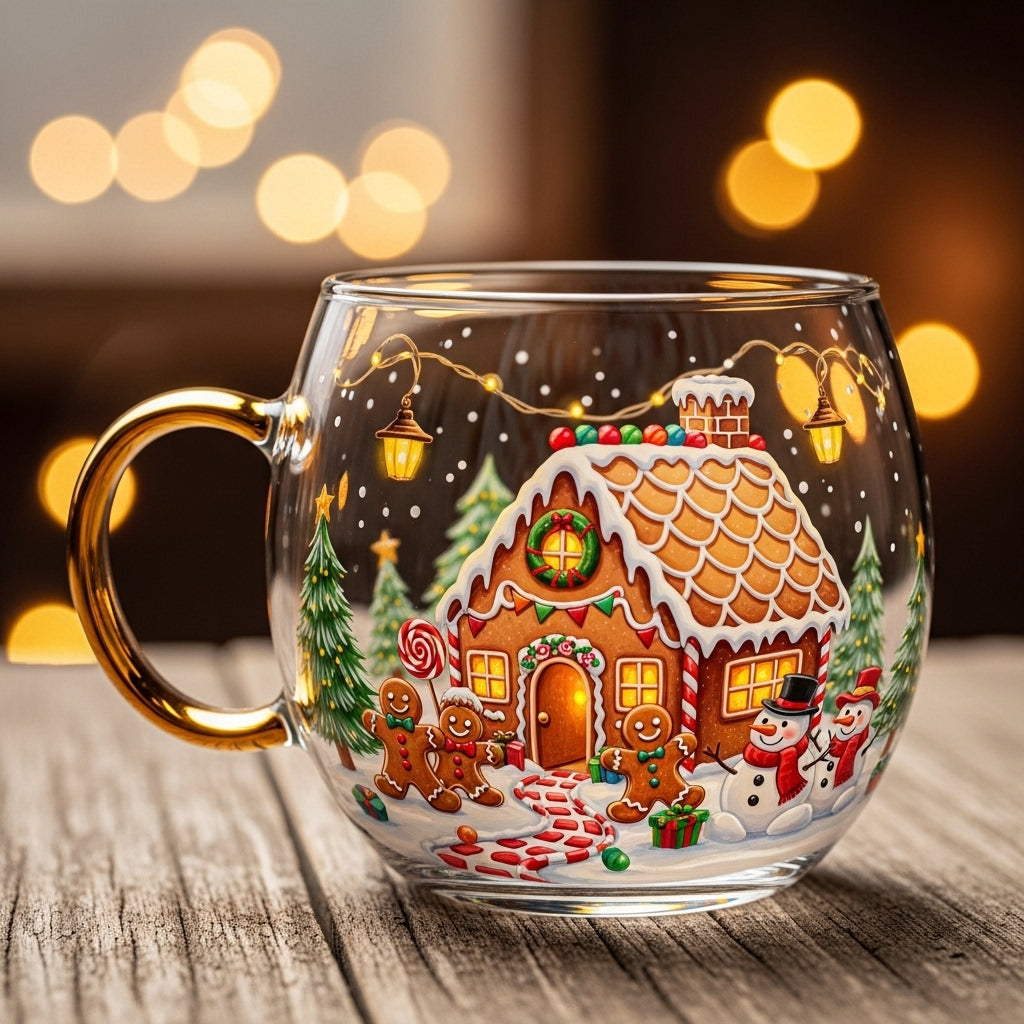 Caneca de Vidro de Natal com Motivos de Inverno Xícara Festiva para Bebidas Quentes