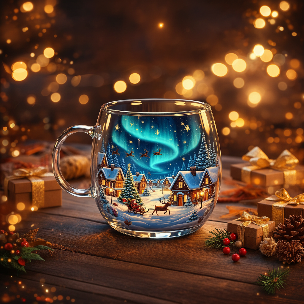 Caneca de Vidro de Natal com Motivos de Inverno Xícara Festiva para Bebidas Quentes