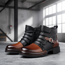 Men Ankle Boots Leather Buckle Side Zip Casual Dress Shoes