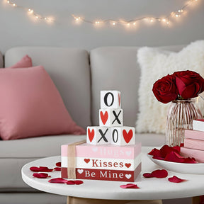 Decoração de Mesa Conjunto de Livros de Madeira para o Dia dos Namorados Placas de Coração para Prateleira