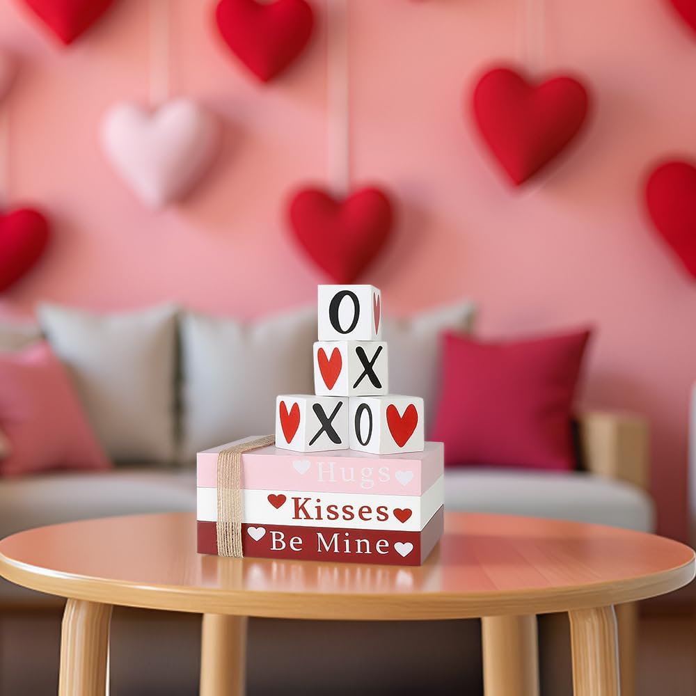 Decoração de Mesa Conjunto de Livros de Madeira para o Dia dos Namorados Placas de Coração para Prateleira