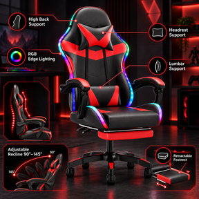 Cadeira Gamer com Encosto Alto, RGB, Reclinável, Apoio de Cabeça e Suporte Lombar