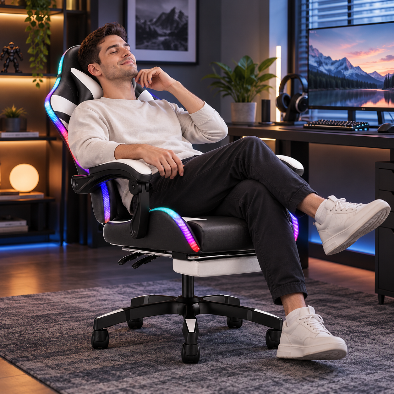 Cadeira Gamer com Encosto Alto, RGB, Reclinável, Apoio de Cabeça e Suporte Lombar