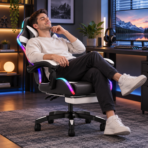 Cadeira Gamer com Encosto Alto, RGB, Reclinável, Apoio de Cabeça e Suporte Lombar