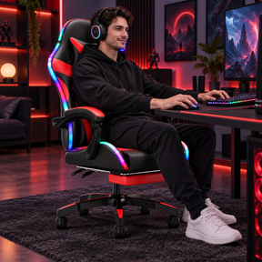 Cadeira Gamer com Encosto Alto, RGB, Reclinável, Apoio de Cabeça e Suporte Lombar