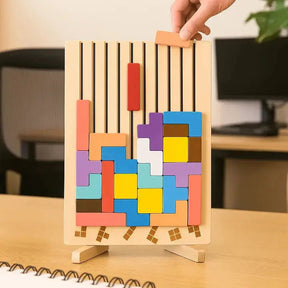 Tabuleiro de Quebra-Cabeça Tetris de Madeira – Brinquedo de Mesa para Estimulação Mental e Jogo de Estratégia Tangram