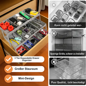 Organizador de Gaveta Expansível - Bandeja Ajustável de 3 Níveis para Economia de Espaço na Cozinha