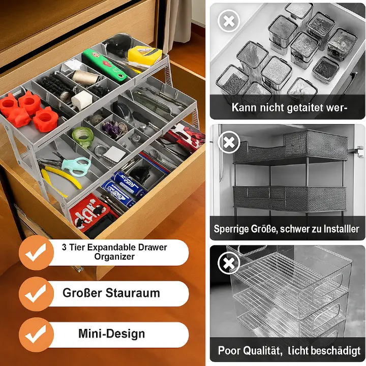 Organizador de Gaveta Expansível - Bandeja Ajustável de 3 Níveis para Economia de Espaço na Cozinha