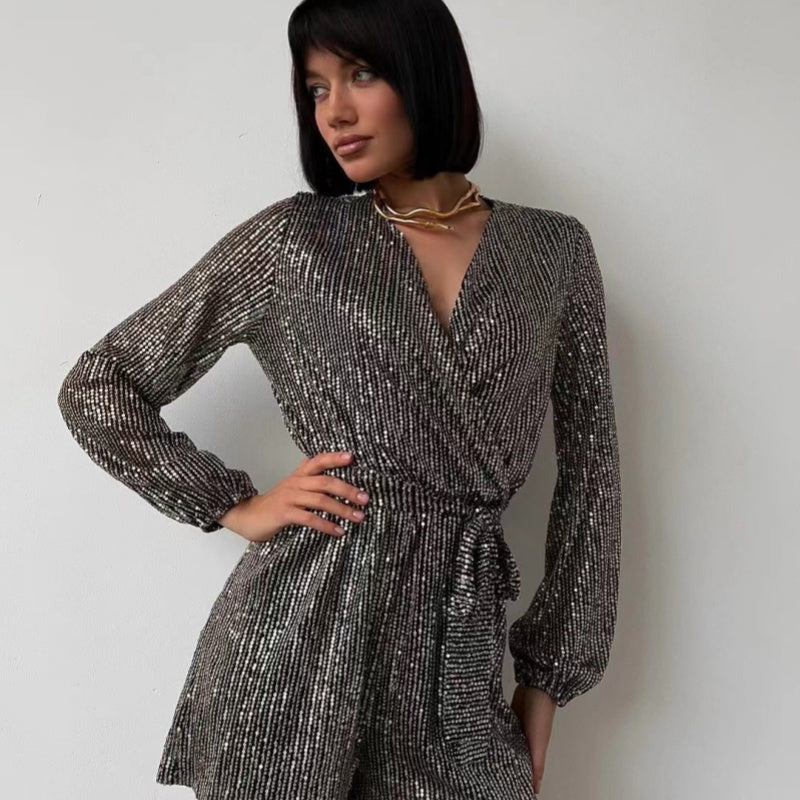 Sequin long-sleeved one-piece suit