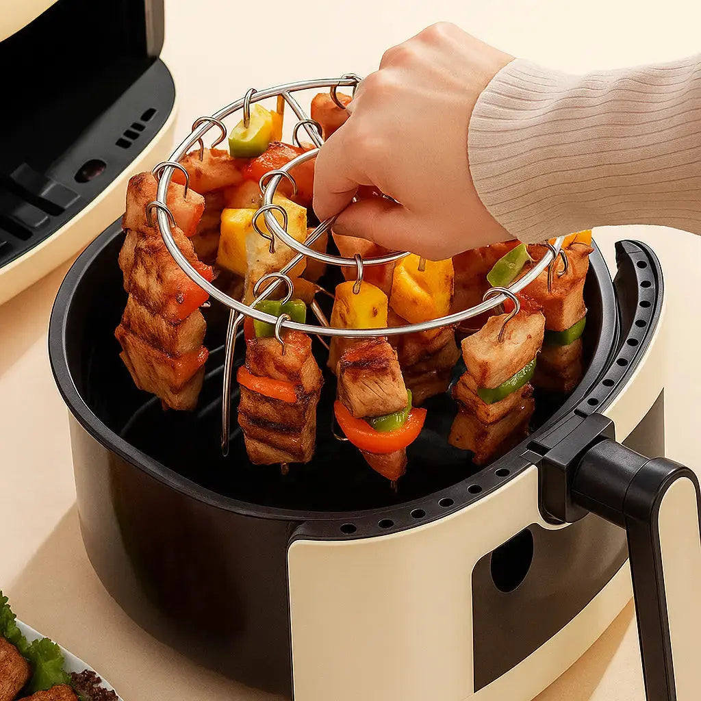 Grelha para Espetos para Air Fryer – Cozimento Uniforme, Rotisserie de Espetos e Sabor de Churrasco