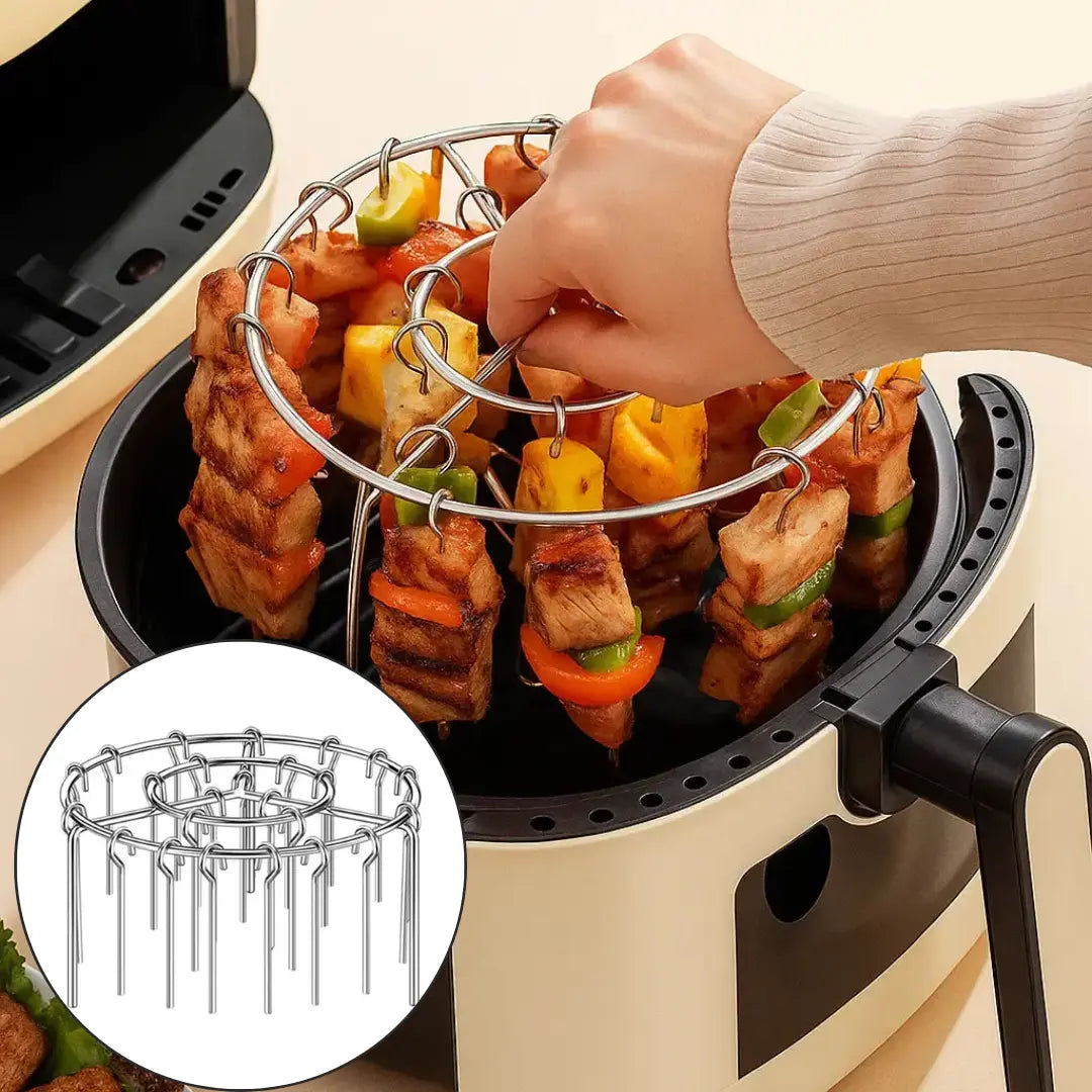 Grelha para Espetos para Air Fryer – Cozimento Uniforme, Rotisserie de Espetos e Sabor de Churrasco