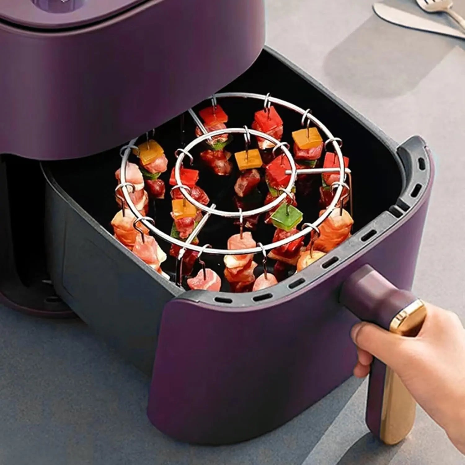 Grelha para Espetos para Air Fryer – Cozimento Uniforme, Rotisserie de Espetos e Sabor de Churrasco