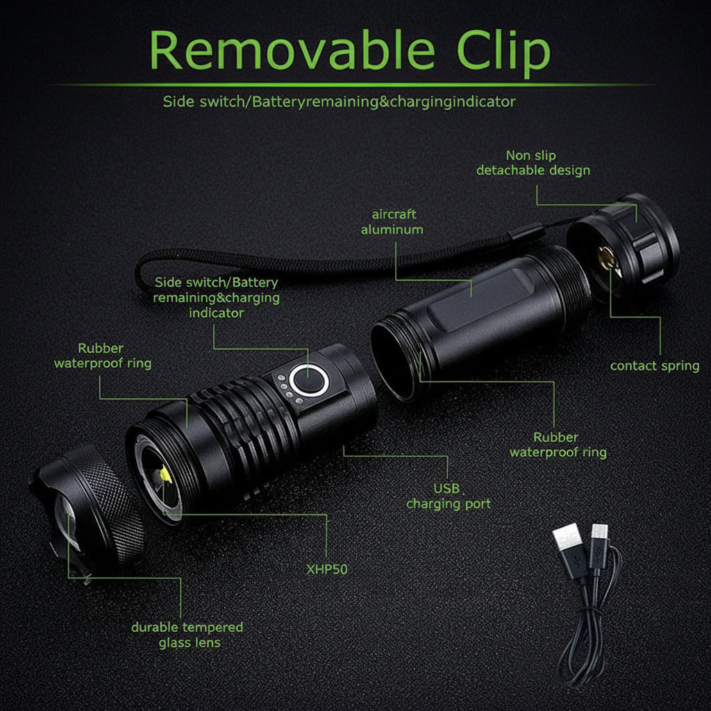 Lanterna Tática de LED Recarregável em Alumínio com Zoom