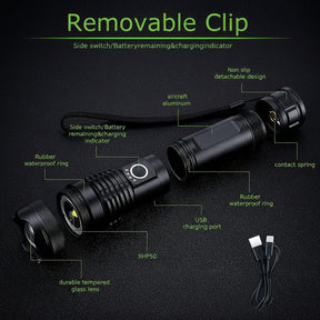 Lanterna Tática de LED Recarregável em Alumínio com Zoom