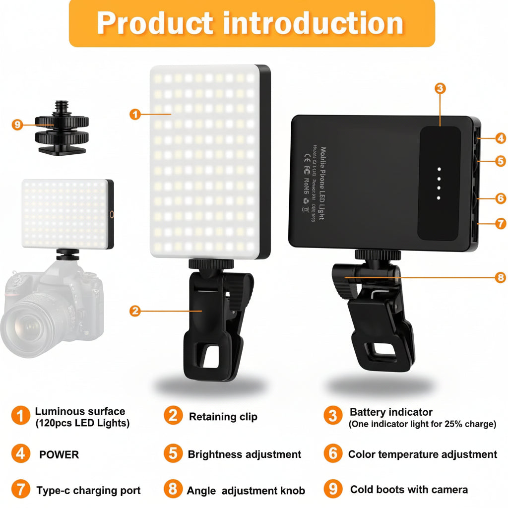 Luz de Selfie LED de Encaixe para Celular com Modos Ajustáveis