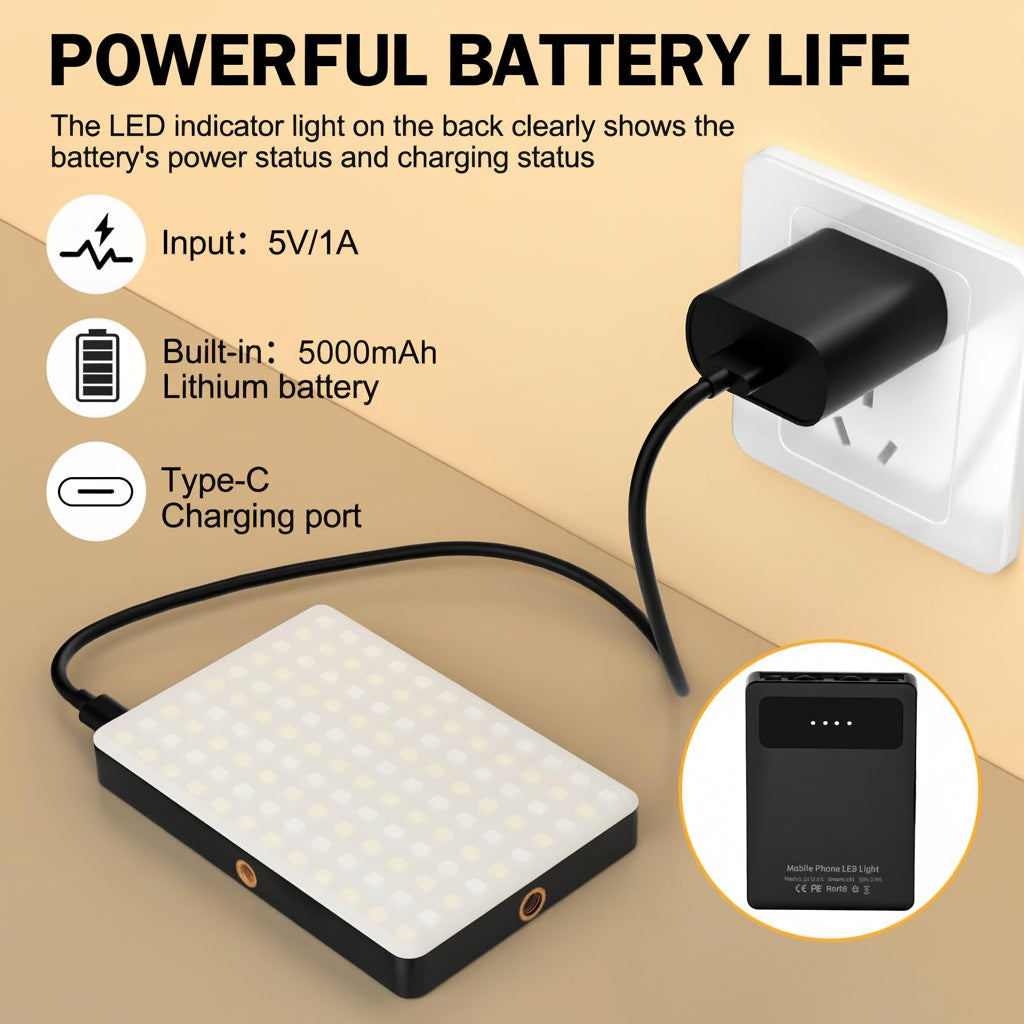 Luz de Selfie LED de Encaixe para Celular com Modos Ajustáveis