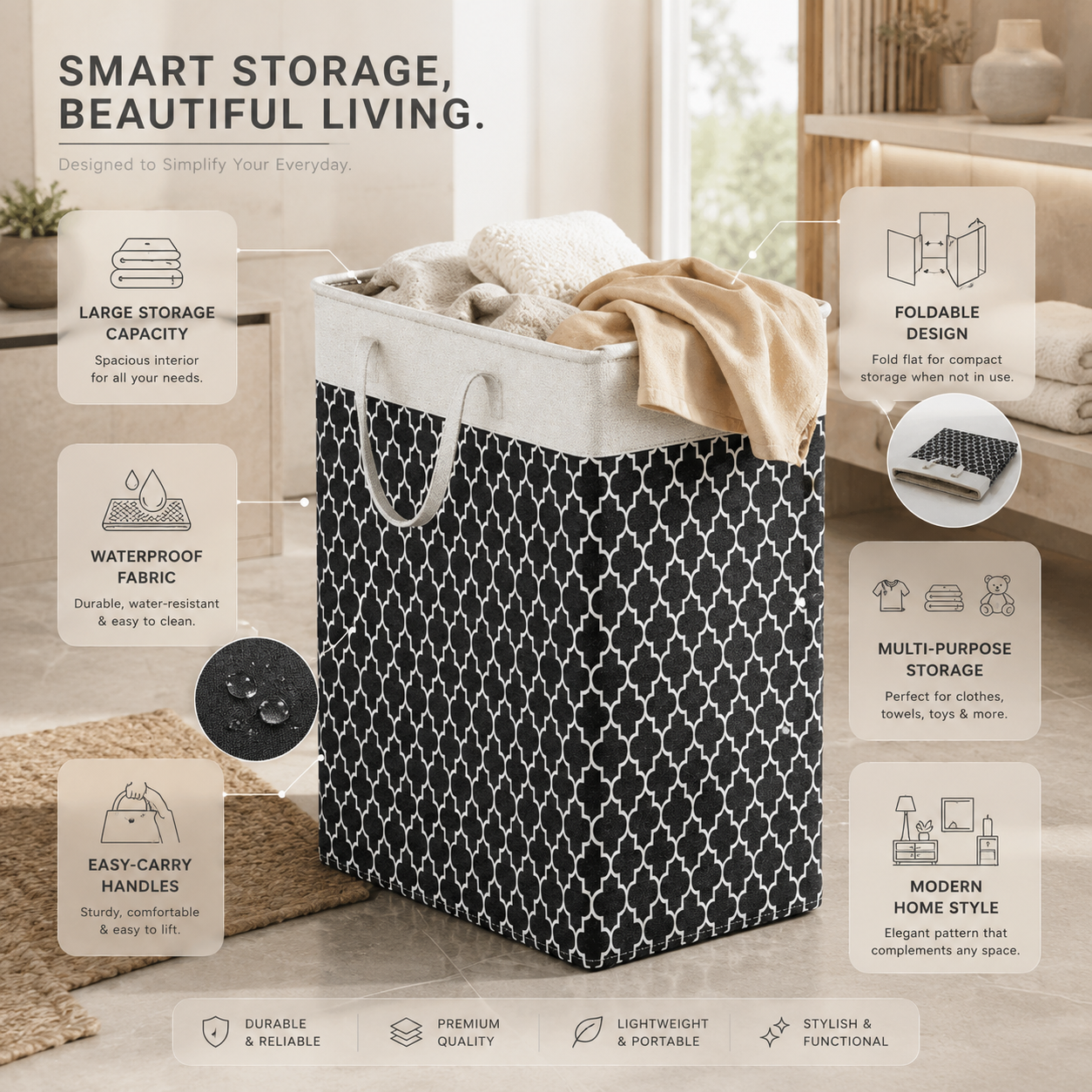 75L Waterproof Laundry Basket – Foldable Fabric Hamper with Handles