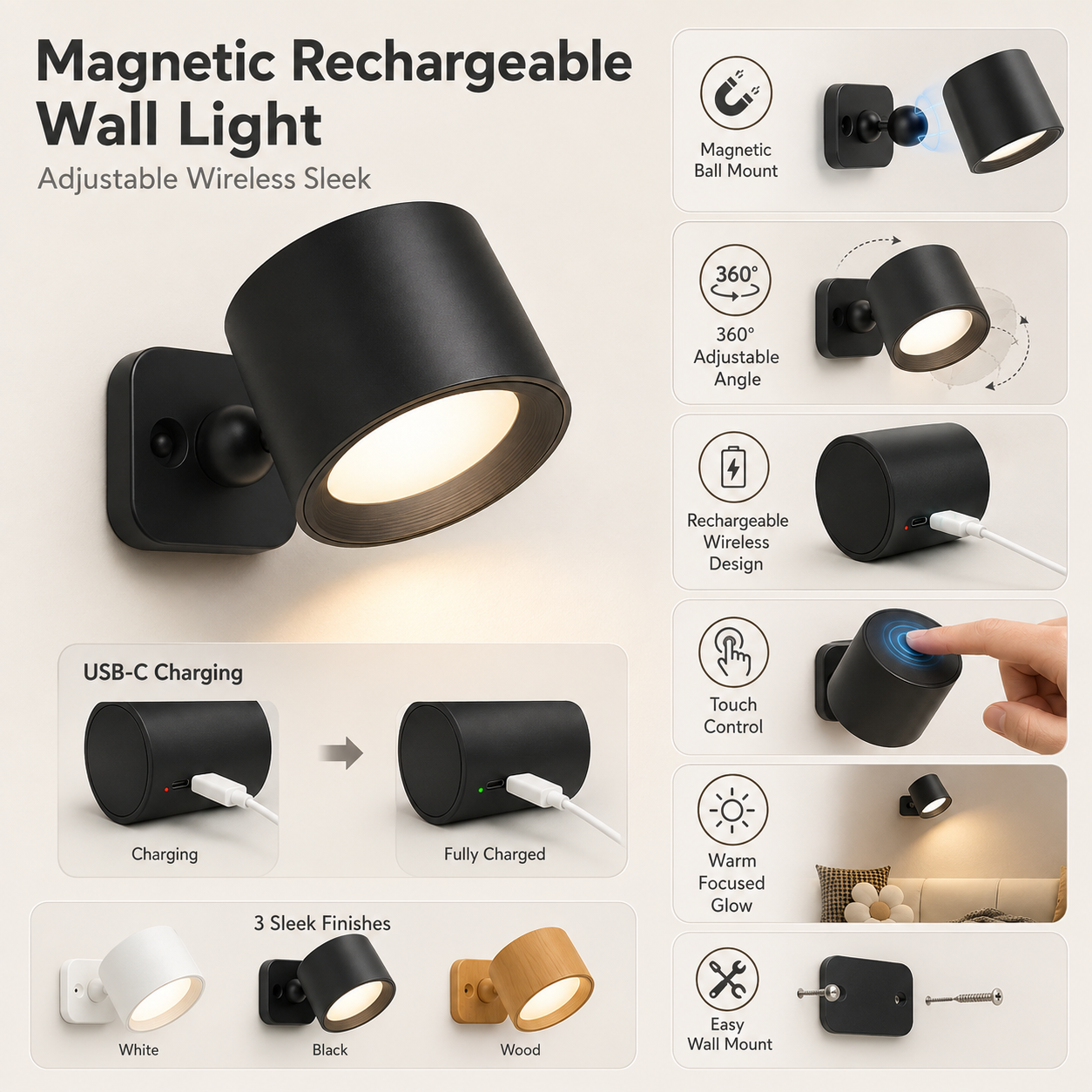 Luminária de Parede Magnética Recarregável Ajustável Sem Fio Elegante