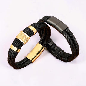 Pulseira Masculina de Couro Trançado com Fecho Magnético