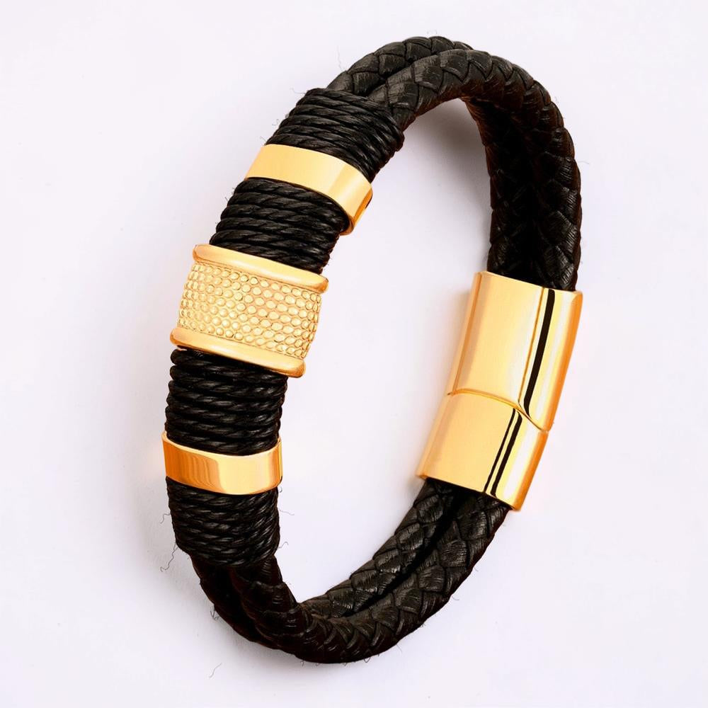 Pulseira Masculina de Couro Trançado com Fecho Magnético