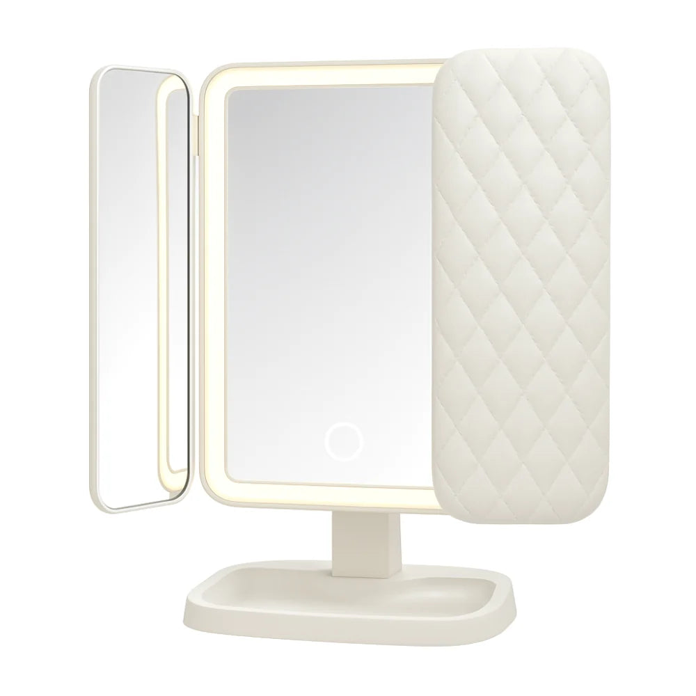 Espelho de Maquiagem com LED, Iluminação Tripla, Ampliação e Design Dobrável