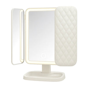 Espelho de Maquiagem com LED, Iluminação Tripla, Ampliação e Design Dobrável