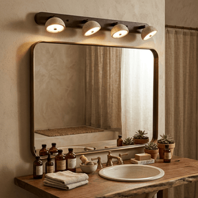 Travertine Vanity Light – L 27.6″ x W 2.3″ x  x H 6.7″, Walnut wood color & Yellow travertine, Warm Light – product image 15