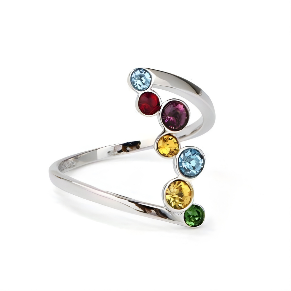Anel de Pedra de Nascimento para o Dia das Mães, Anel Ajustável de Prata Multicolorido