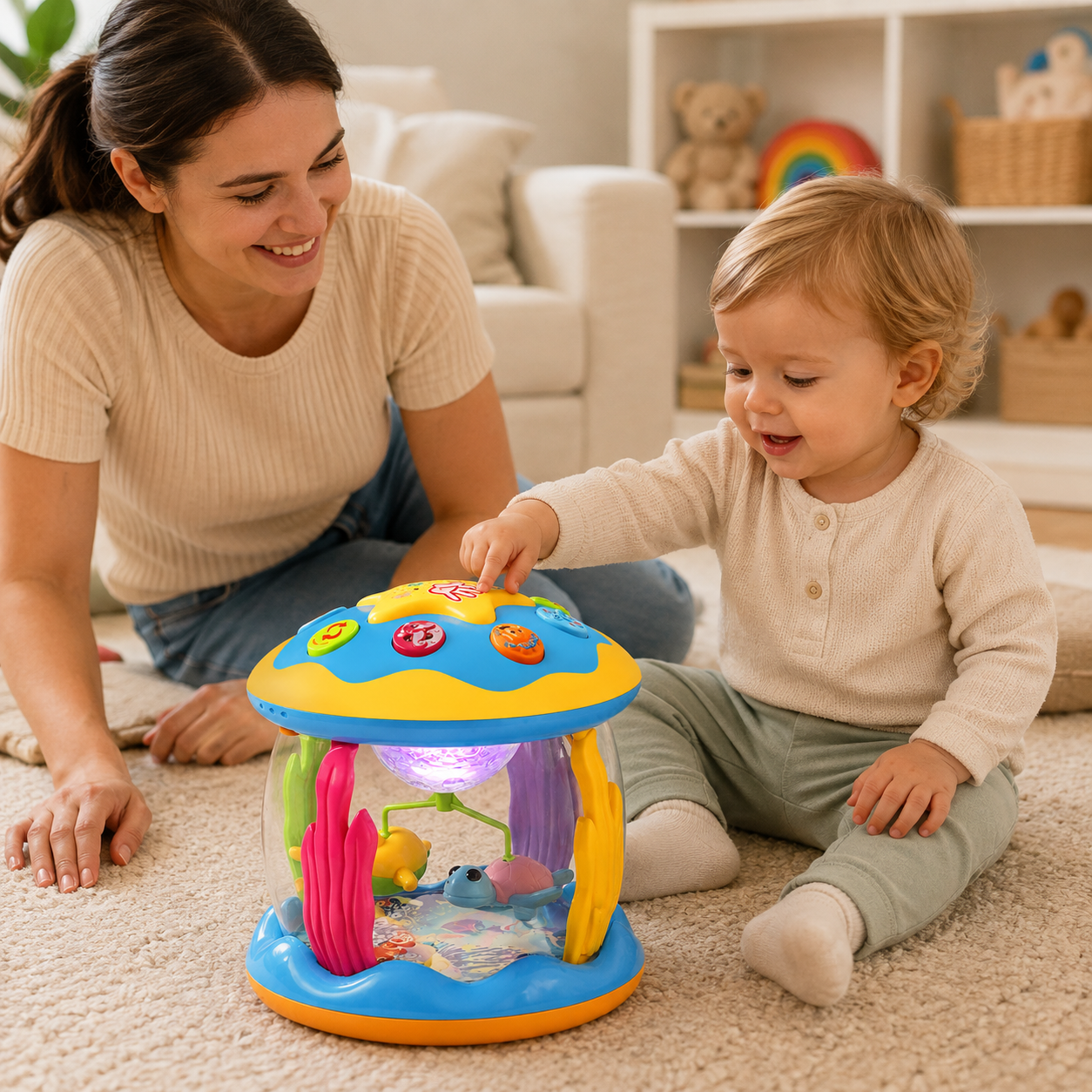 Carrossel Musical Infantil Brinquedo de Bebê Giratório Interativo com Luz