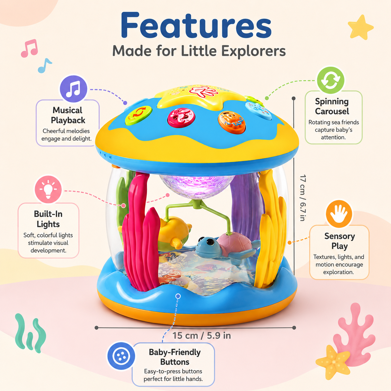 Carrossel Musical Infantil Brinquedo de Bebê Giratório Interativo com Luz