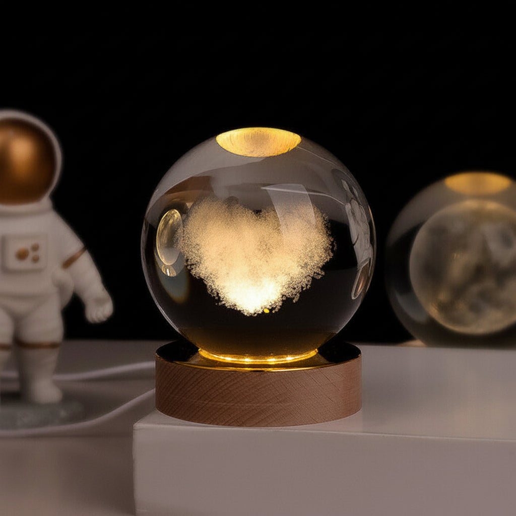 Luminária de Mesa LED Globo de Cristal 3D com Planeta Gravado
