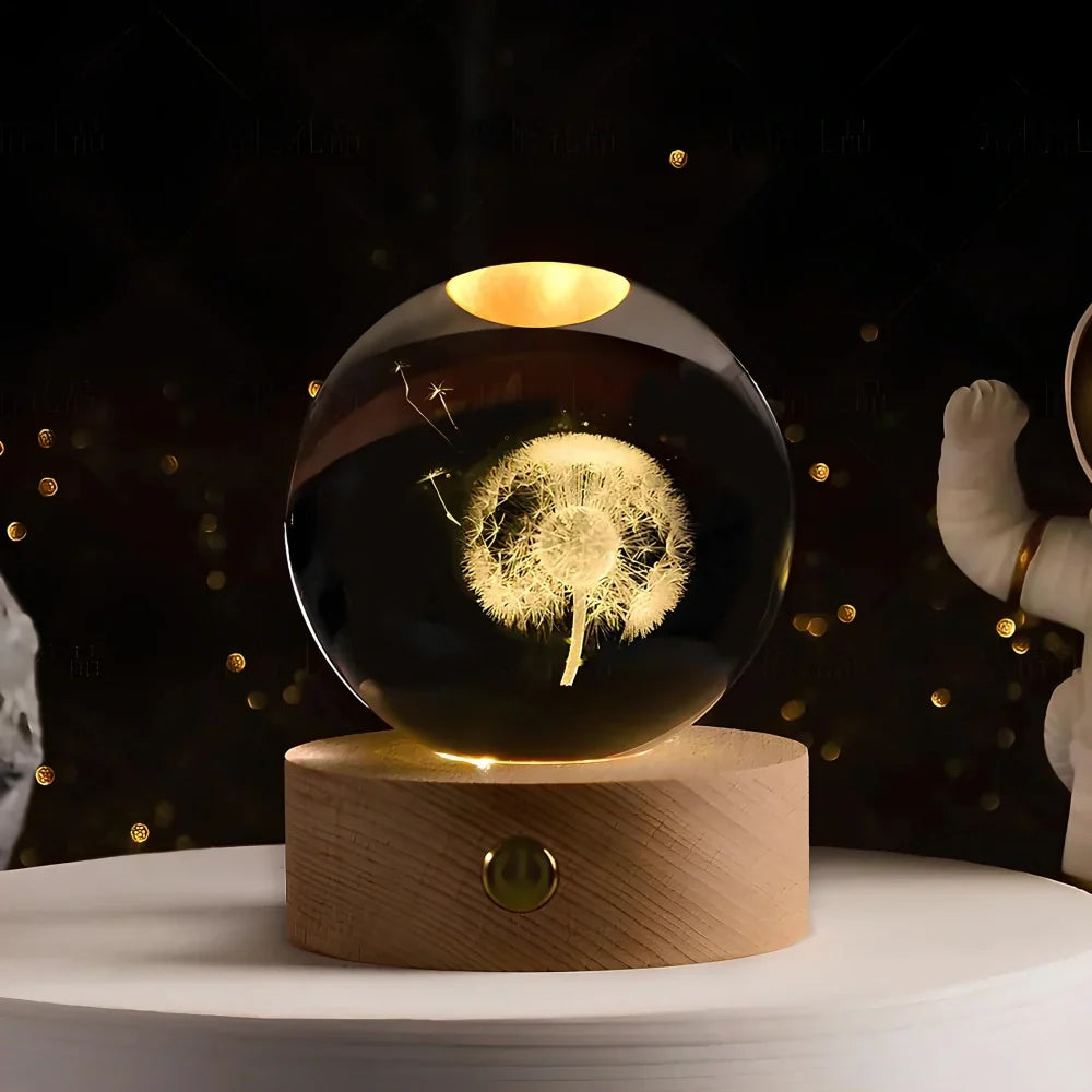 Luminária de Mesa LED Globo de Cristal 3D com Planeta Gravado