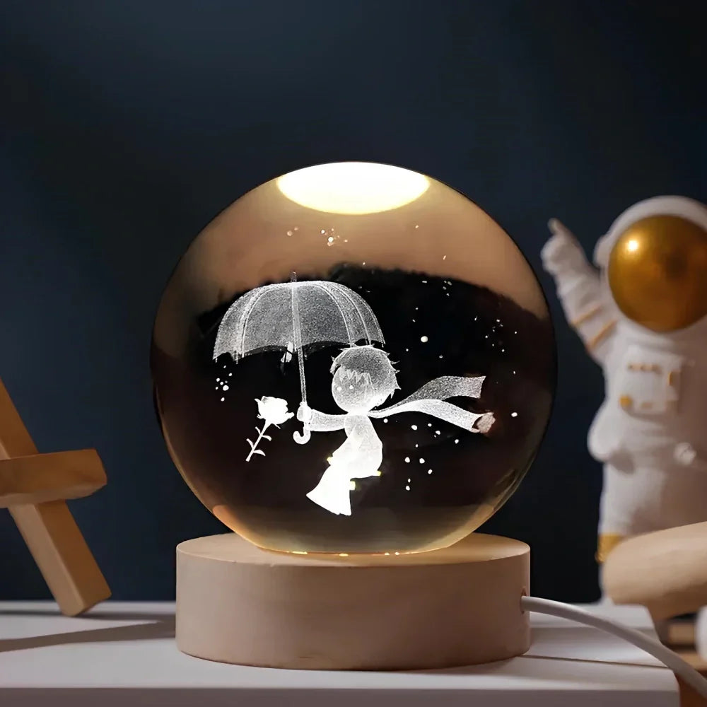 Luminária de Mesa LED Globo de Cristal 3D com Planeta Gravado